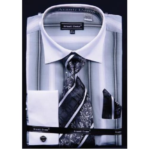 Avanti Uomo Black / White Pinstripes Design Shirt / Tie / Hanky Set With Free Cufflinks DN59M.
